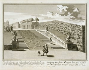 Lépcső a kerti teraszra, Belvedere palota, Bécs, metszet, Johann Jacob Grossmann, 1730-40 körül jelent meg.